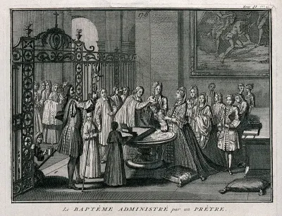 A baptism being administered by a priest in a church