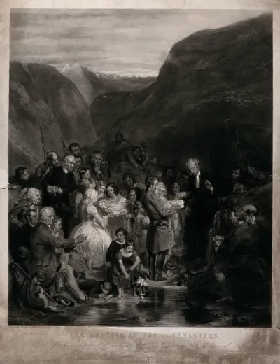 A baptism of a group of babies according to the Covenanter's rite in a stream in a valley