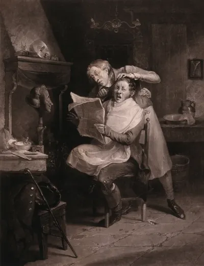 A barber curling a customer's hair with hot tongs is distracted by an item in the newspaper, consequently burning the man's head