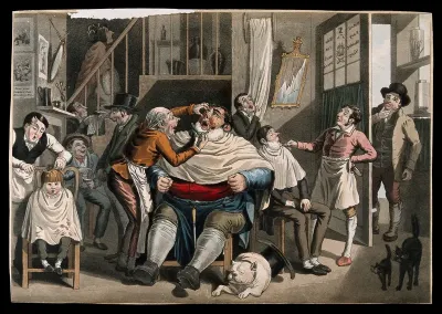 A barber cuts a man's face while shaving him; a second barber cuts a cross-eyed boy's hair; a third lathers the face of another man