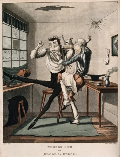 A barber cutting a customer while shaving him; the customer retaliates by biting the barber's finger