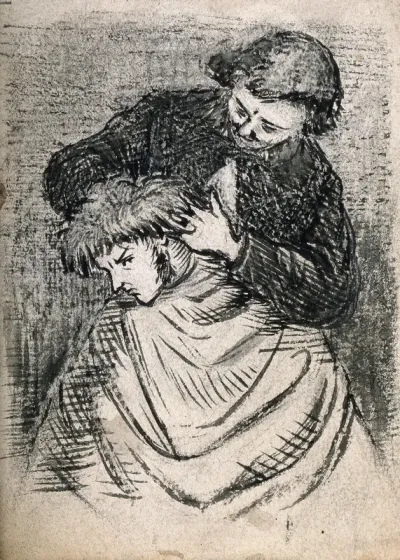 A barber cutting a frowning man's hair