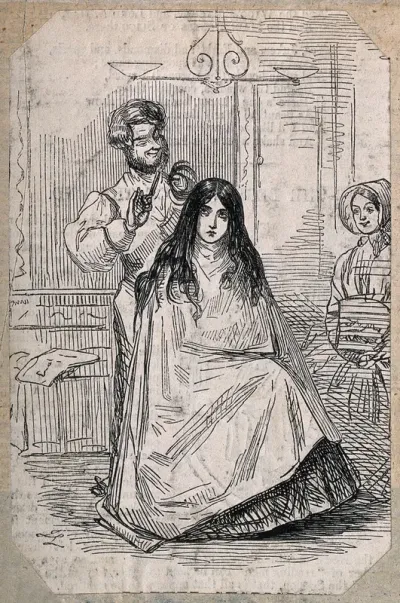 A barber cutting a girl's hair: a woman looks on