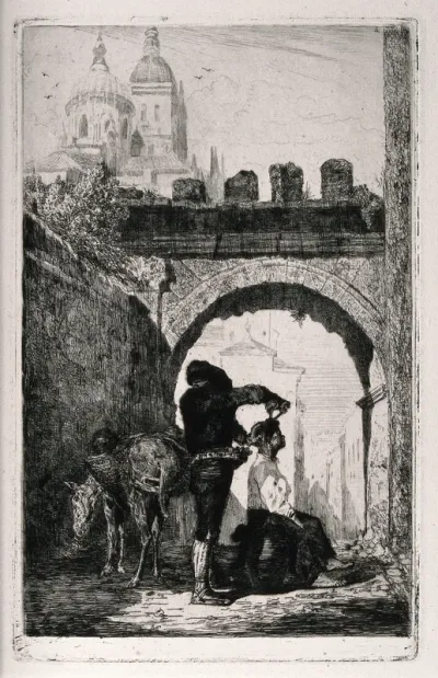 A barber cutting hair in front of a battlemented bridge in Spain; in the background are two large domed buildings