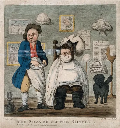 A barber getting ready to shave the face of a seated customer