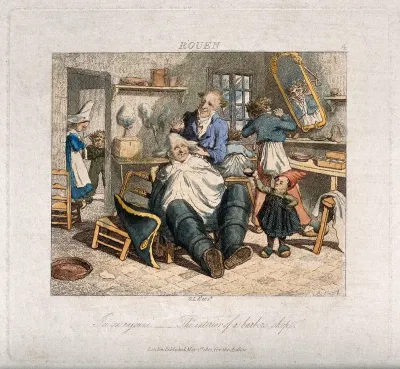 A barber in Rouen dressing a man's hair