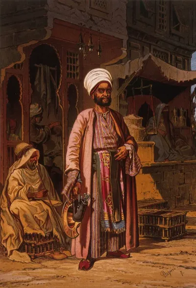 A barber is standing outside his shop in Cairo with the instruments of his trade in his hands