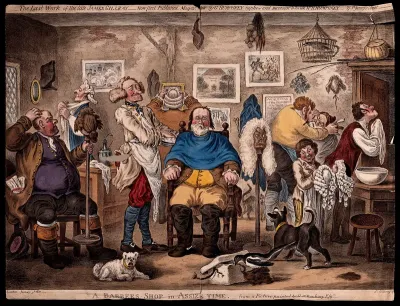 A barber lathering a man's face, other men trying on wigs