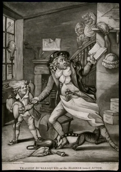 A barber playing the tragic role of Alexander the Great in the acting style of David Garrick
