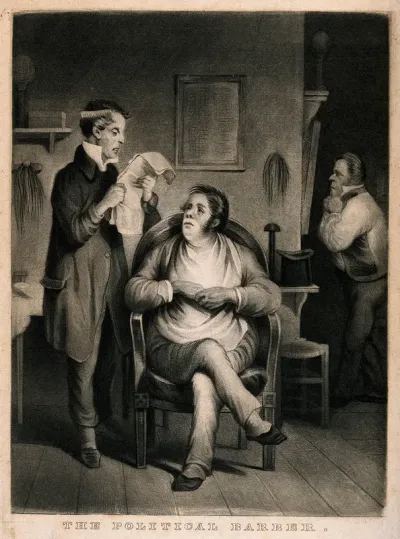 A barber reading political news from a newspaper to his client; in the background another man listens too