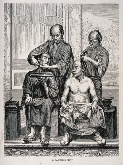 A barber's shop: an assistant shaves a seated customer, a second assistant dresses hair