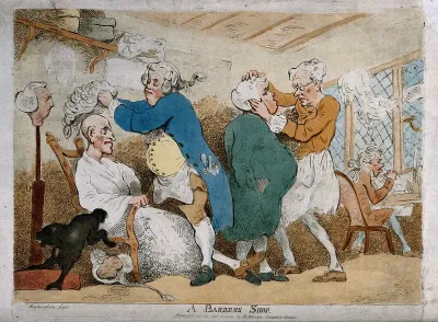 A barber's shop in which a fat barber places a wig on an old bald-headed man, an assistant barber who wears spectacles fits a wig on a stout man, in the righthand background a man sits on a chair facing a window, and in the lefthand foreground a dog 