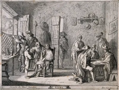 A barber's shop in which men demonstrate the sense of sight