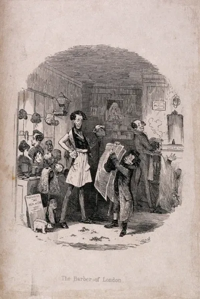 A barber's shop near Lincoln's Inn, London: a man answering an advertisement for the barber's assistant points to the advertisement in The times newspaper