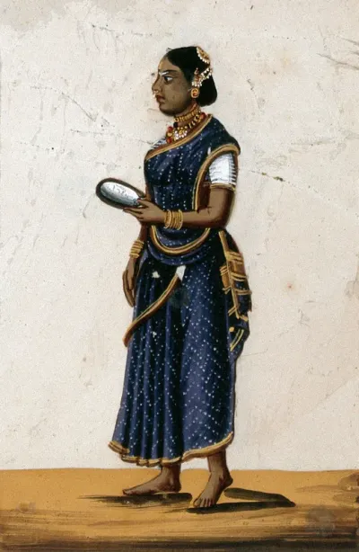 A barber's wife holding a mirror