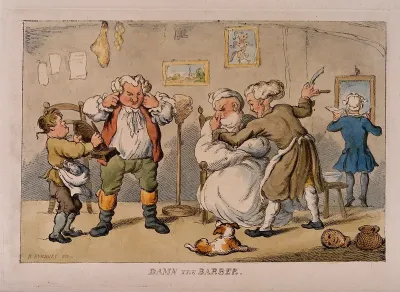 A barber shaving a disgruntled man