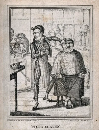 A barber shaving a friar; in the left-hand background a monkey and a cat are fighting and squealing