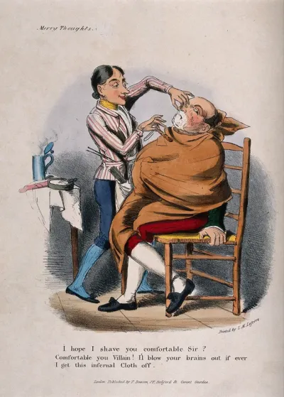 A barber shaving a large man draped in a sheet