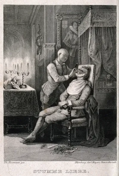 A barber shaving a man in a candlelit bedroom