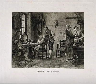 A barber shaving a man in his shop
