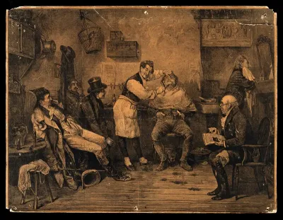 A barber shaving a man in his shop in 1825
