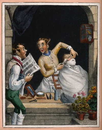 A barber shaving a man while another man distracts him by reading from a newspaper entitled "The true sun"