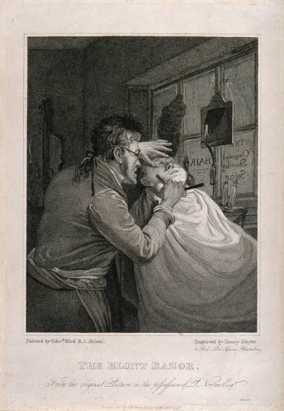 A barber shaving a man with a blunt razor