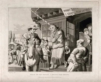 A barber standing outside his shop confuses a passer-by with an ambiguously worded notice