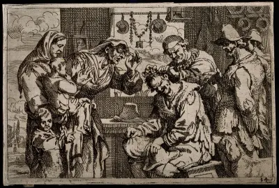 A barber-surgeon attending to a man's head: a group of locals watch with interest