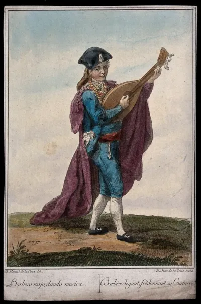 A barber wearing a long cloak is playing the guitar