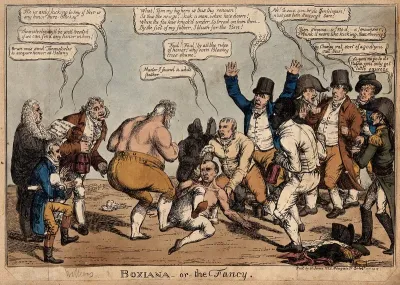 A bare-knuckled boxing match between the Prince of Wales and Napoleon, with their supporters including a black man