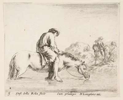A barefoot peasant on horseback crossing a river, another peasant on horseback and leading a horse on a bank to right in the background, plate 5 from "Diversi capricci"