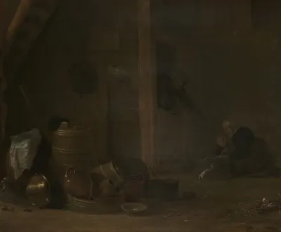 A barn interior with a still life with kitchen utensils in the foreground, together with a woman and a child preparing food in the background, and a man leaning in a doorway