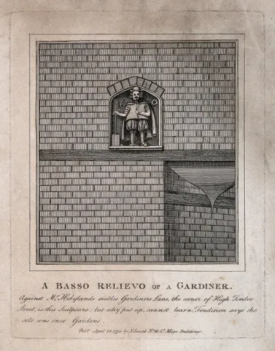 A bas-relief sculpture of a gardener, dated 1670