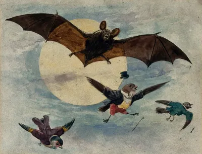 A bat and three fully dressed birds flying by moonlight