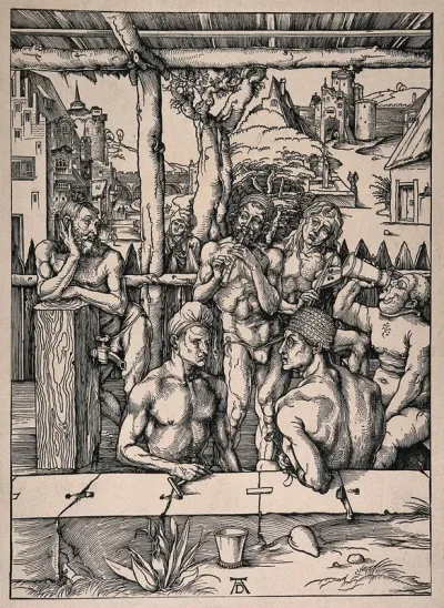 A bath-house containing six men and an onlooker, perhaps an allegory of the four humours and five senses