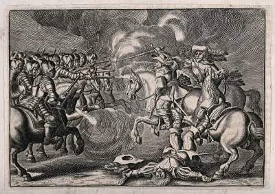 A battle: an army wearing metal armour, and firing guns, meets an army wearing hats and breastplates, wielding swords and guns