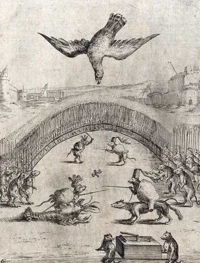 A battle between frogs and mice (Batrachomyomachia): a kite descends and kills the combatants