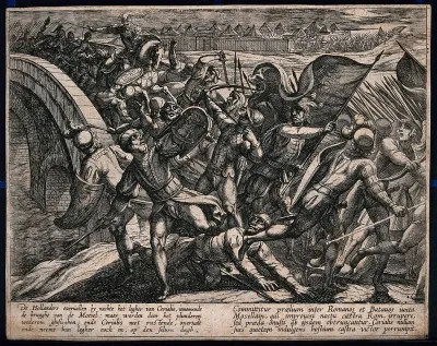 A battle between Romans and the Germans at Trier: the Germans are returning on a bridge over the river Moselle after having attacked the camp of the Romans, when the Romans counterattack