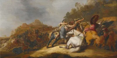 A Battle on Horseback with Armored Soldiers and Soldiers Wearing Turbans, in a Landscape