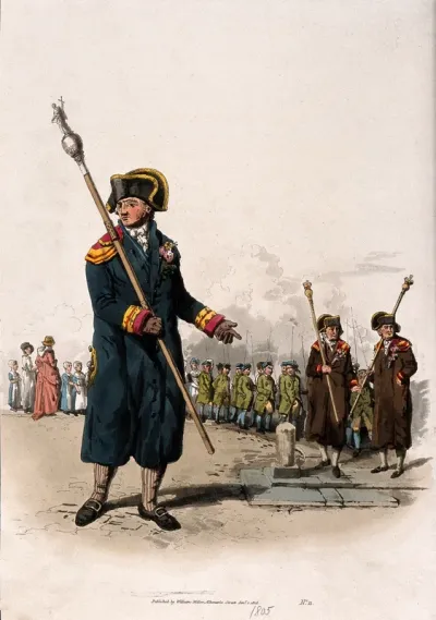 A beadle, carrying his staff: behind him two churchwardens lead a procession of orphans of the parish, the boys carrying wands to beat the bounds