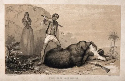 A bear eating a man is about to be killed by a man with a bludgeon while a weeping woman stands in the background