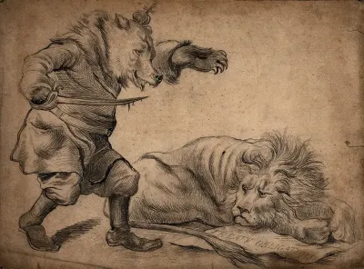A bear wearing a crown and holding a sword is about to attack a lion lying on a sheet of paper inscribed "Treaty obligation"