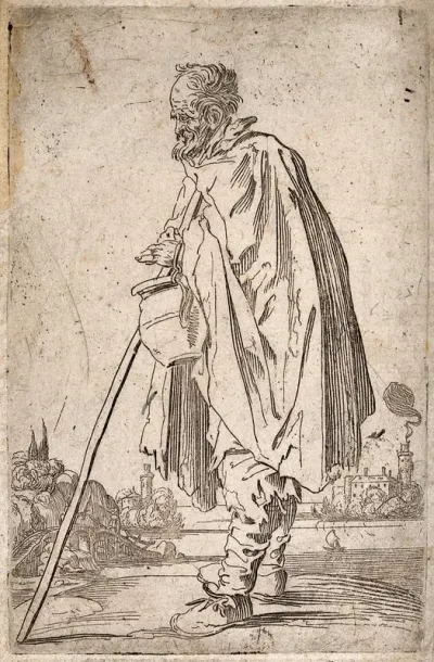 A bearded beggar dressed in a ragged cloak, holding a drinking vessel and a staff