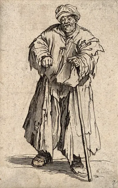 A bearded beggar dressed in rags holding a hat and a staff in his left hand