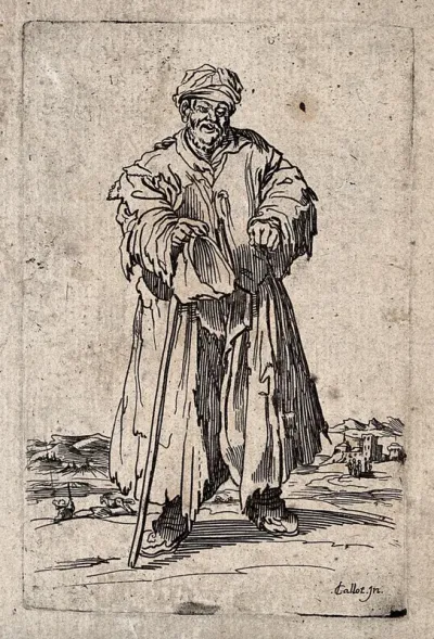 A bearded beggar dressed in rags holding a hat and a staff in his right hand