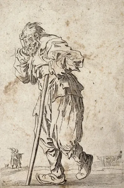 A bearded beggar, dressed in rags, holding a staff in his left hand