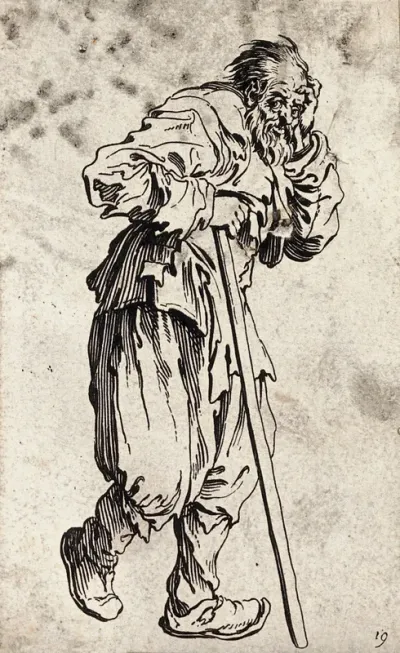 A bearded beggar dressed in rags holding a staff in his right hand