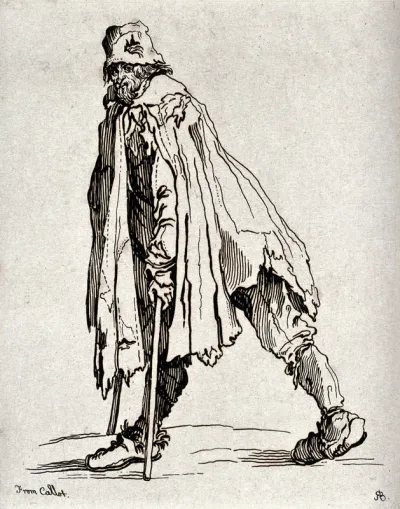 A bearded beggar dressed in rags walking on two crutches