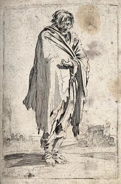 A bearded beggar in ragged clothes